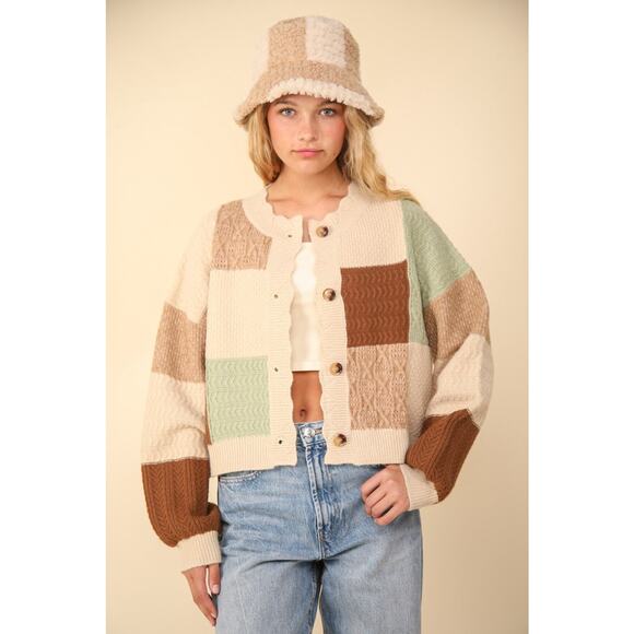VERY J Color Block Button Down Textured Knit Cropped Sweater Cardigan | Oatmeal - Picture 5 of 10